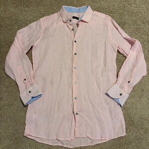 Mens Proper Cloth Baird Minute 100% Pink Linen Button Down Shirt Size 17/34